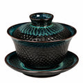 Tazza Gaiwan 150 ml in ceramica nera e turchese - set da tè con coperchio e piattino