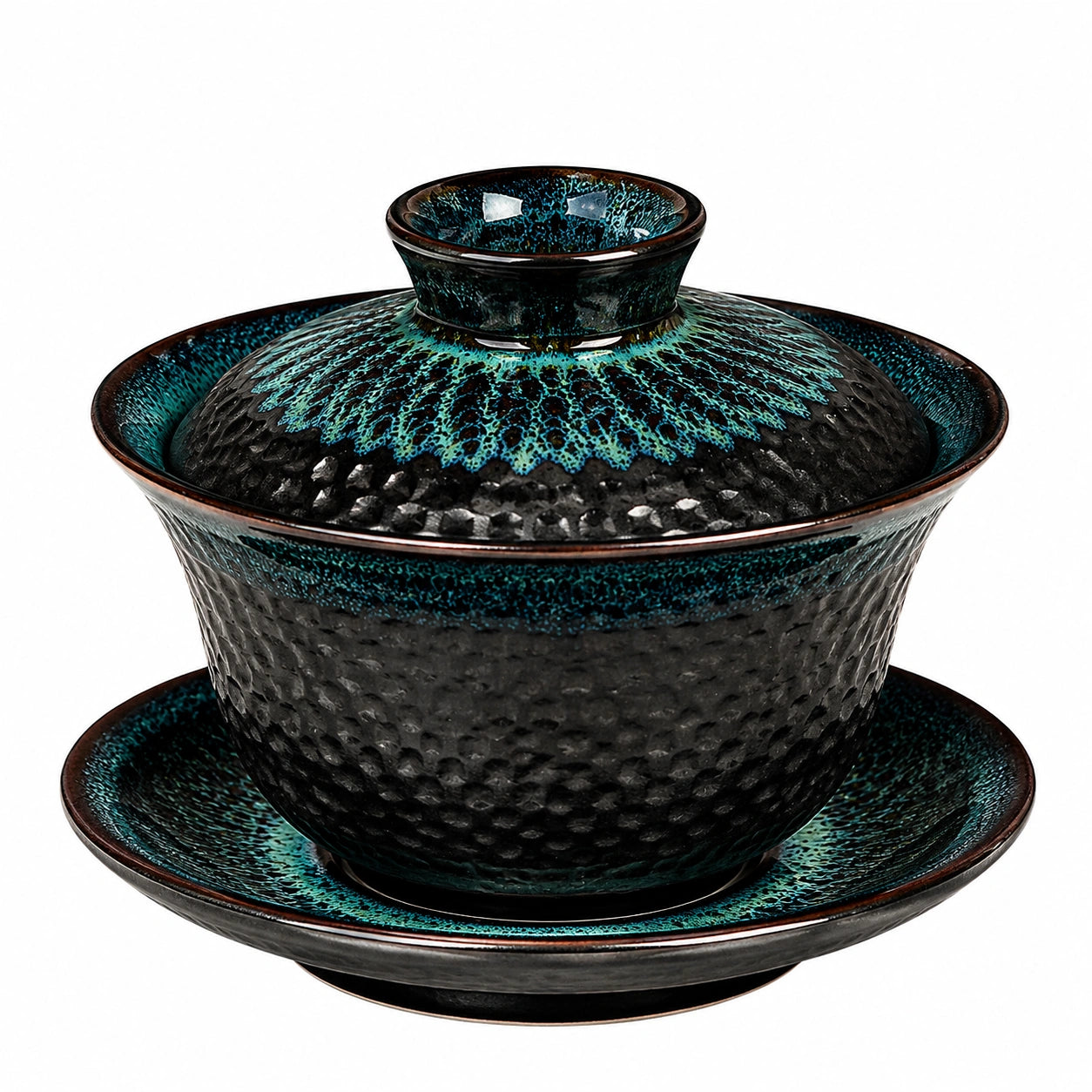 Tazza Gaiwan 150 ml in ceramica nera e turchese - set da tè con coperchio e piattino