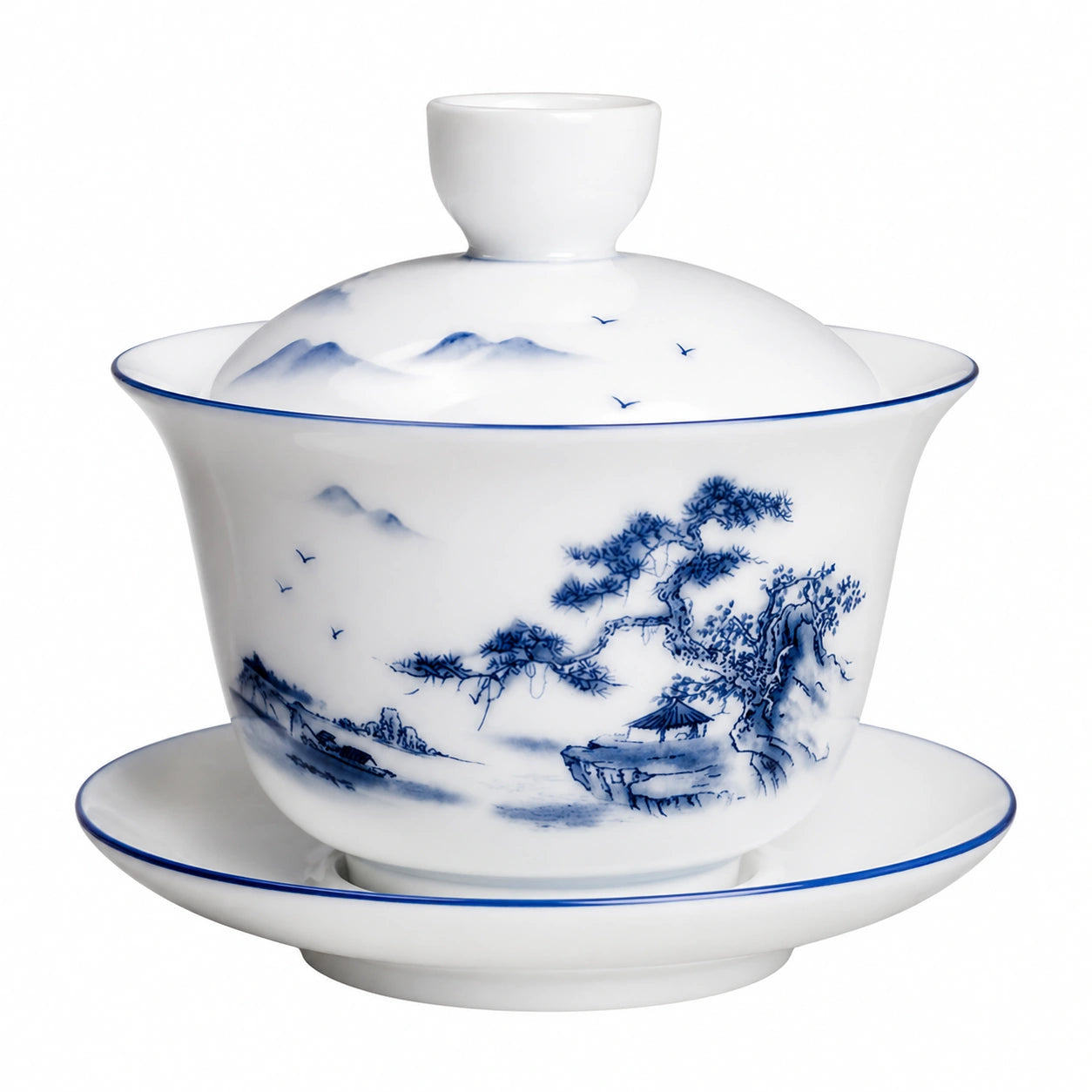 Tazza Gaiwan in porcellana 150 ml bianco e blu con coperchio e piattino decorata