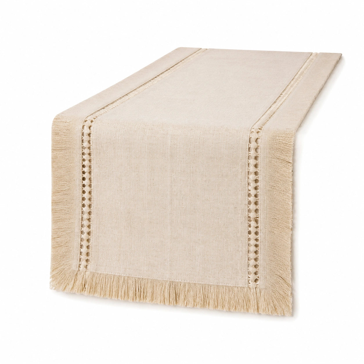 Runner da tavola 180 x 40 cm in tessuto beige con frange stile rustico