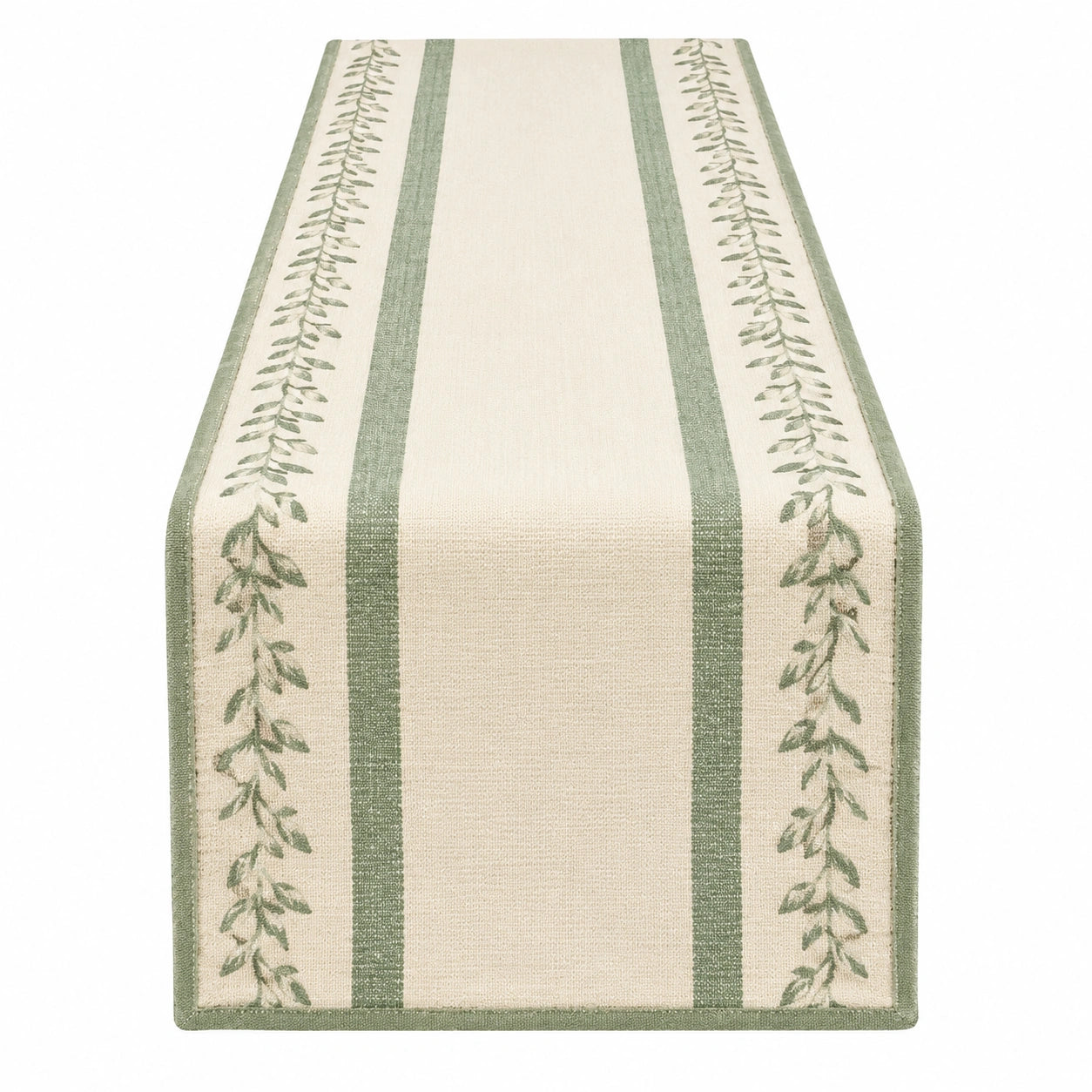 Runner da tavola 180 x 33 cm in tessuto beige e verde con motivo botanico stile naturale