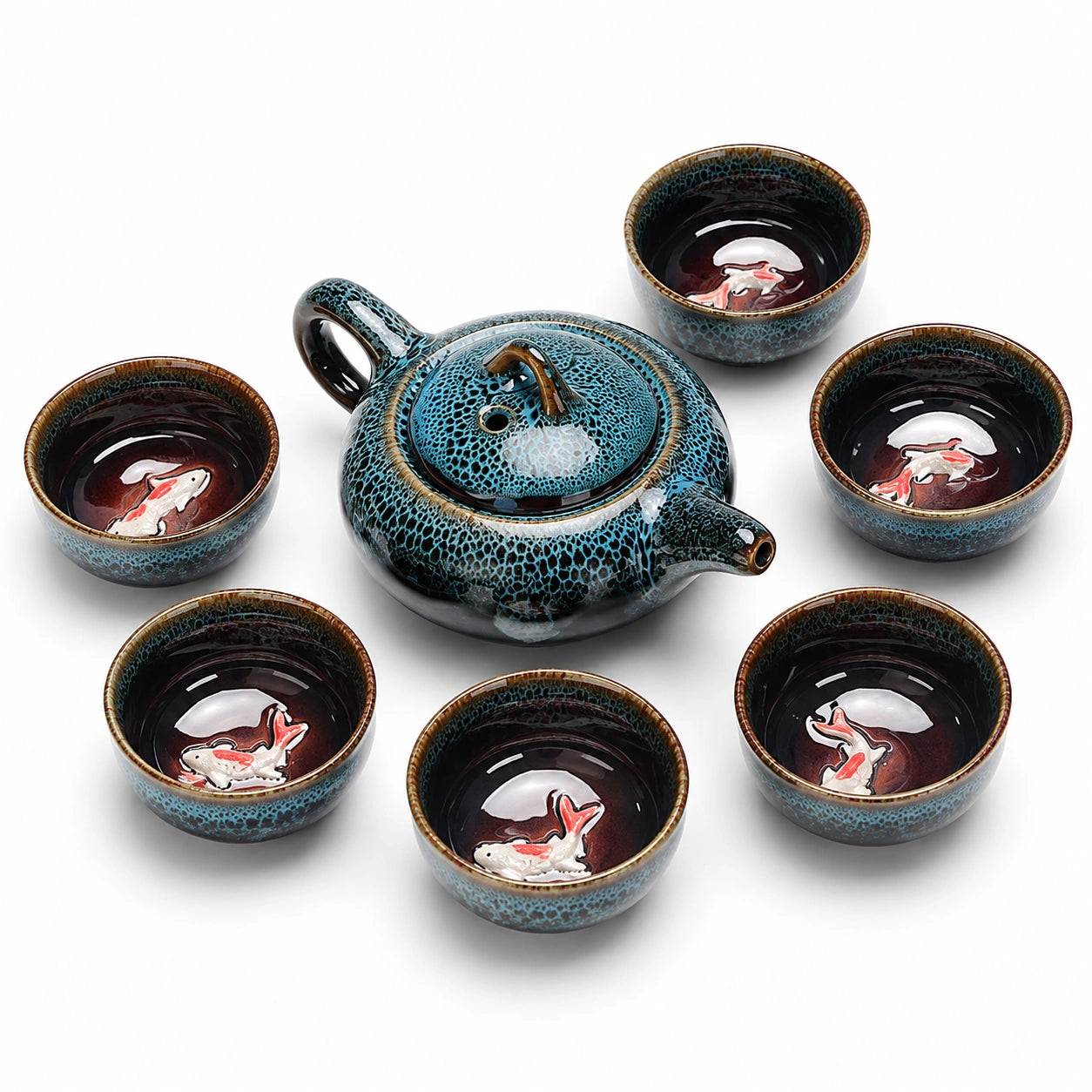 Servizio da tè in ceramica 20 cm con teiera e 6 tazze turchese decorato con carpe
