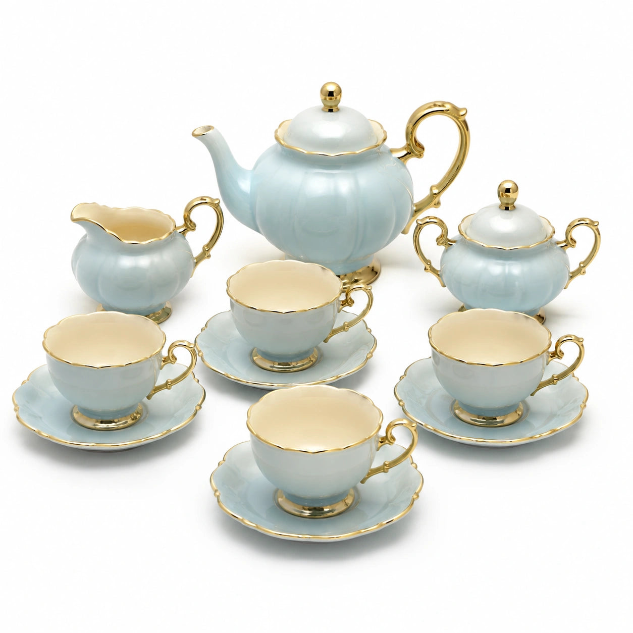 Servizio da tè in porcellana 22 cm per 4 persone azzurro e oro stile classico