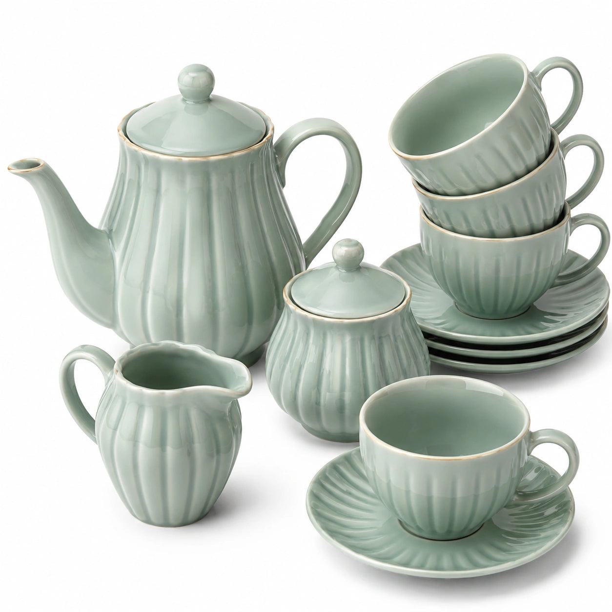 Servizio da tè 15 pezzi per 4 persone in ceramica verde salvia con motivo scanalato