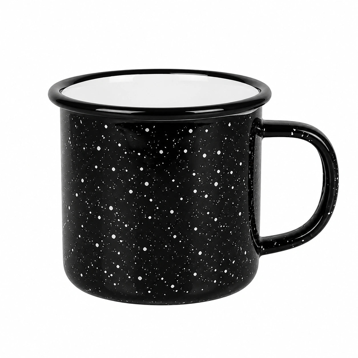 Tazza 350 ml in metallo smaltato nero con motivo puntinato - stile campeggio